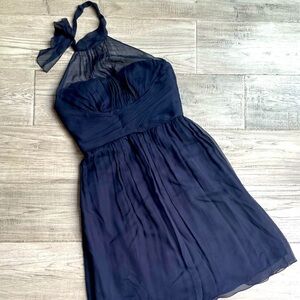 Amsale Navy Blue Silk Chiffon Dress W/Ruching Cocktail Length Sheer Halter SZ 8